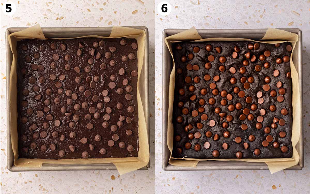 Two image collage of black bean brownies in baking dish, before and after baking.