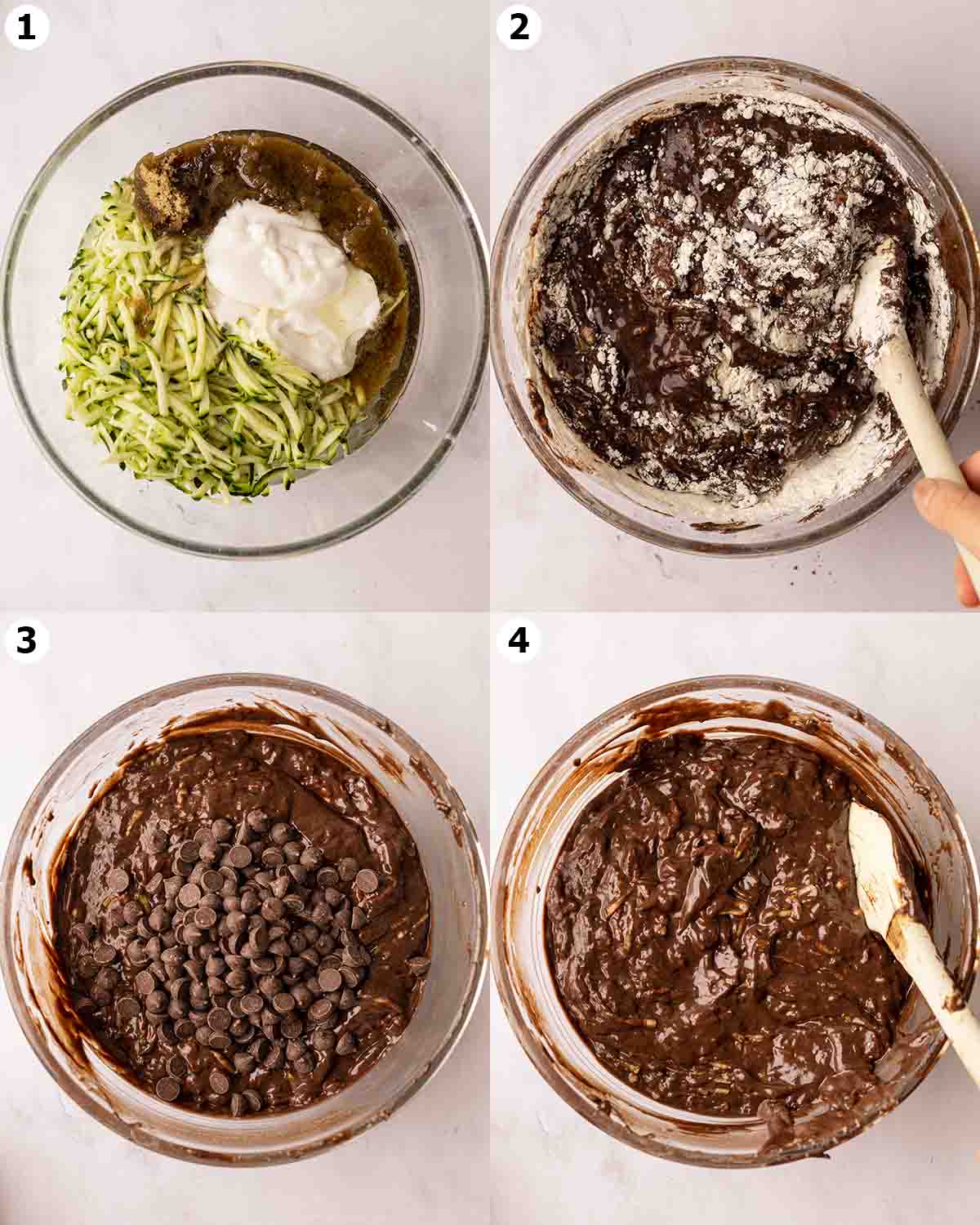 Four image collage showing how to prepare the batter for the zucchini bread in one large bowl.
