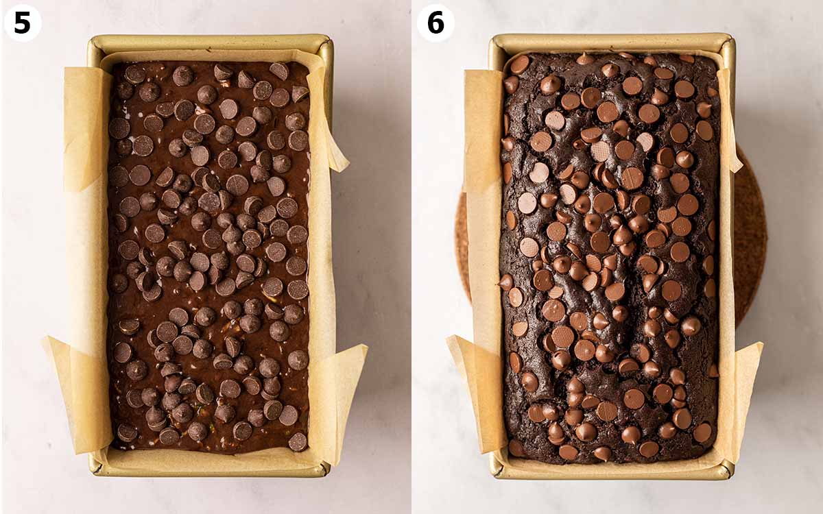 Two image collage of zucchini bread in loaf pan, before and after it has been baked.