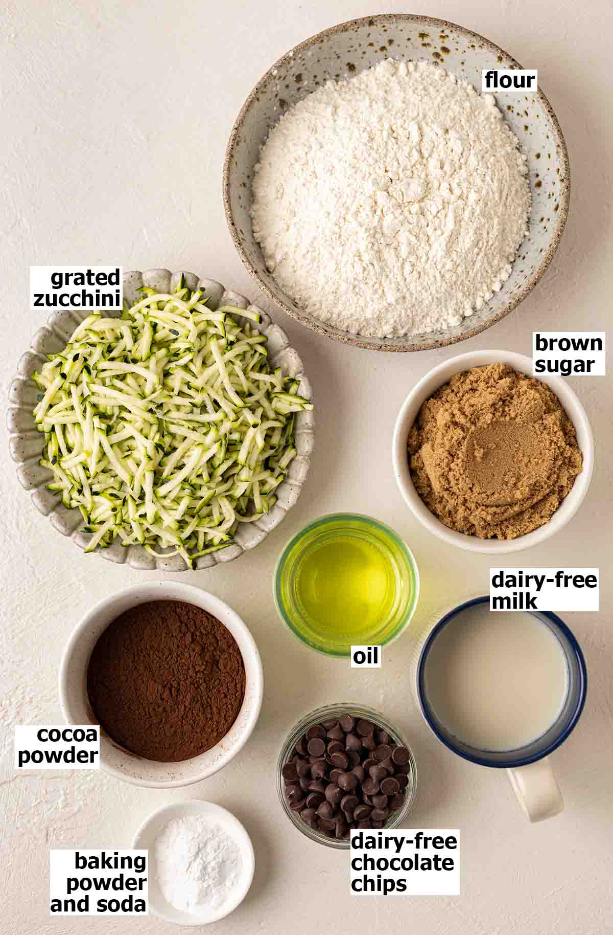 Flat-lay of ingredients for muffins.