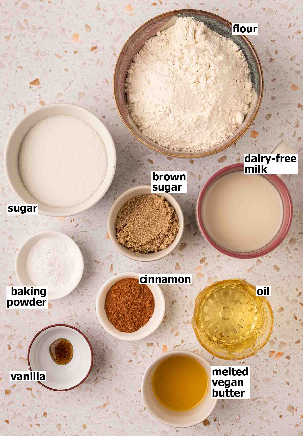 Flat-lay of ingredients for coffee cake, including crumb topping.