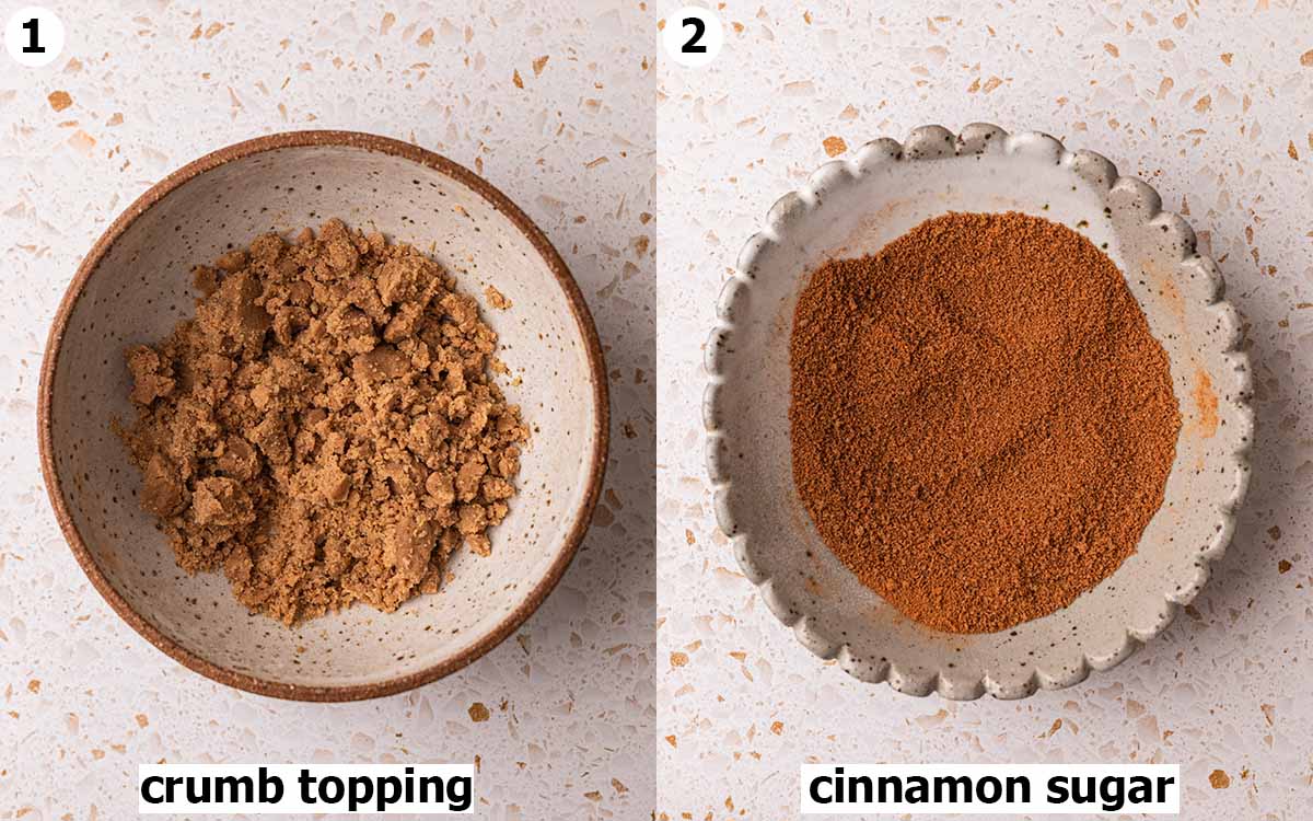Two image collage showing final crumb topping and cinnamon sugar in separate bowls.