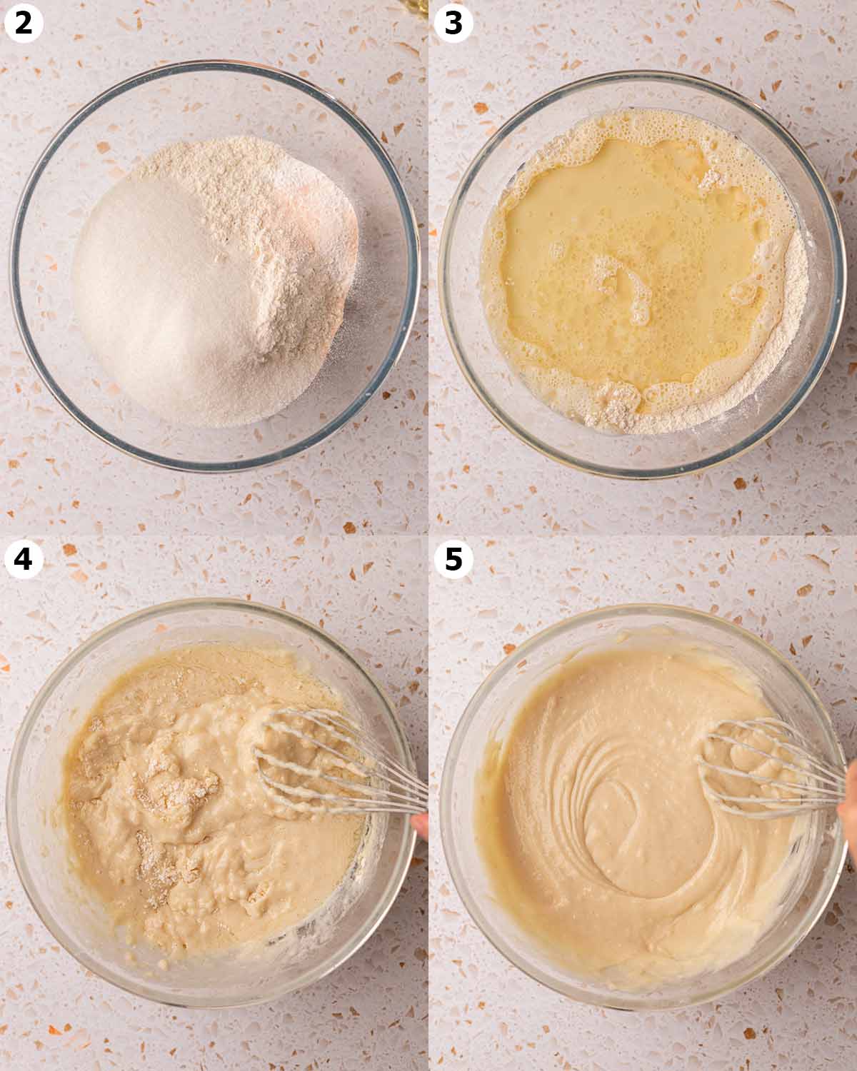 Four image collage showing how to make the vanilla cake batter for the recipe.