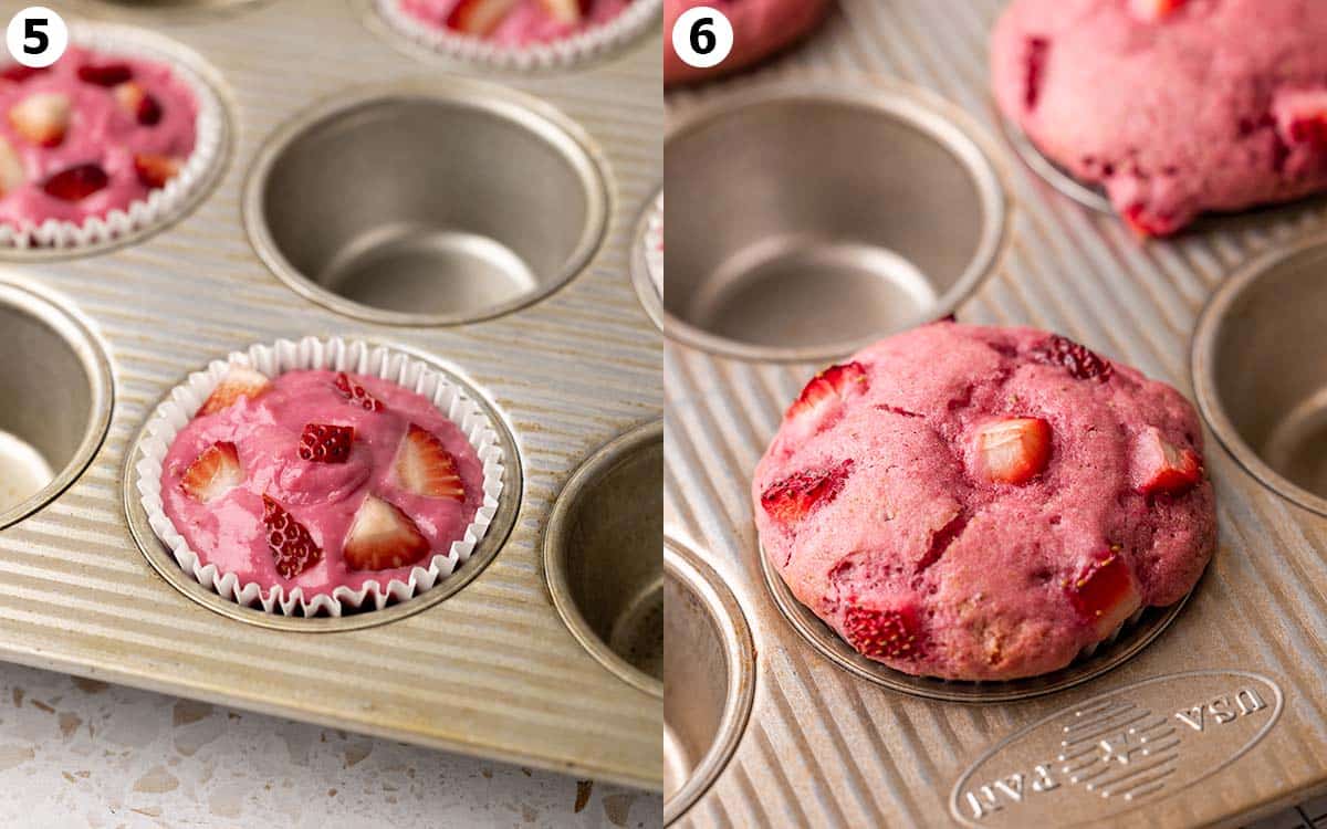 Two image collage showing pink strawberry muffins in muffin tin before and after baking.