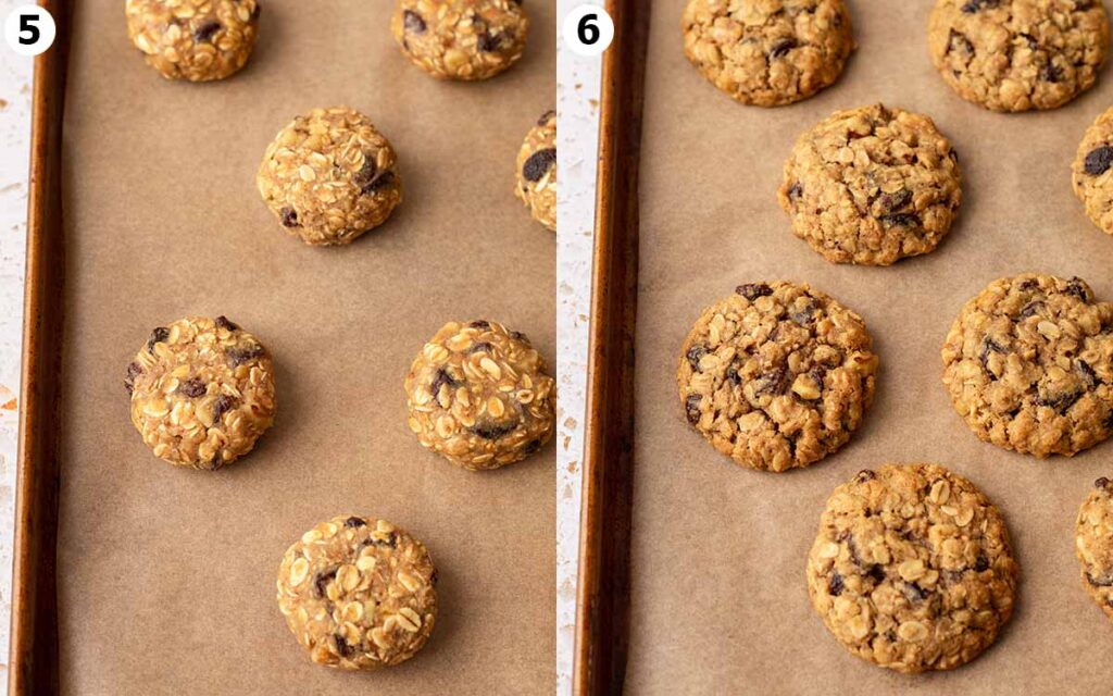 Two image collage of cookies on baking tray before and after baking. Cookies have been flattened a lot before baking.