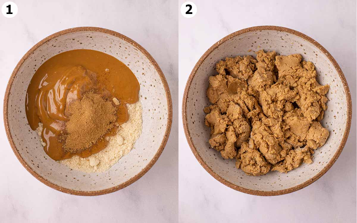 Two image collage showing ingredients in a bowl and ingredients mixed into a dough.
