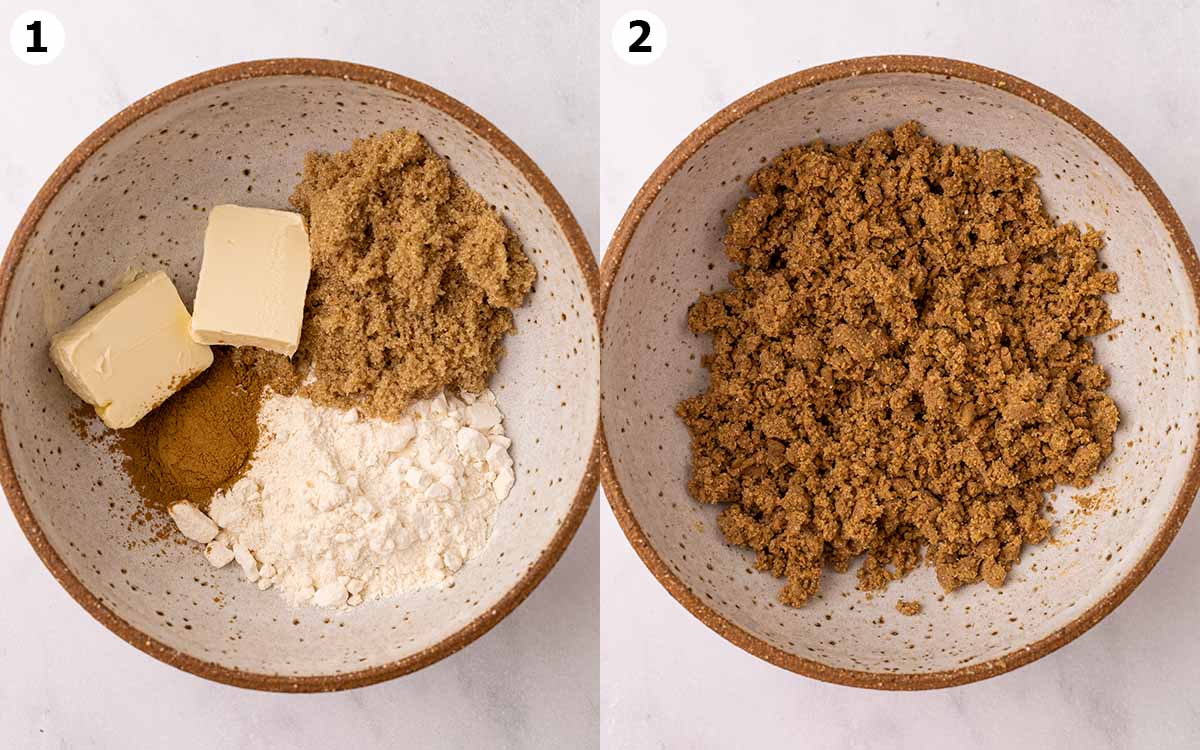 Two image collage of ingredients for streusel topping in bowl and final streusel mixture.