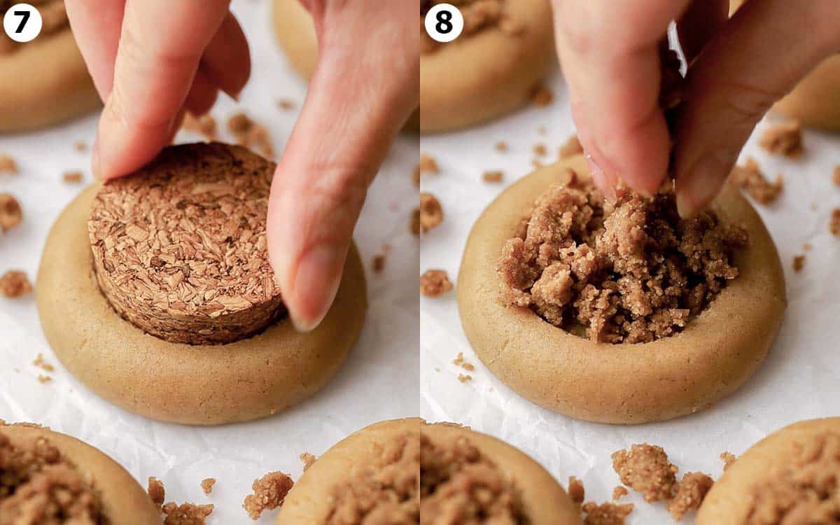 Two image collage of cookie showing a lid being pressed into the center of the cookie to make an indent and crumble scattered into the indent.