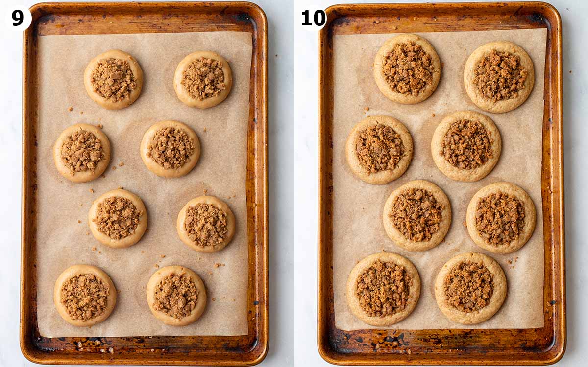 Two image collage of coffee cake cookies on baking tray showing before and after they've been baked. Image shows that the cookies spread on the baking tray.