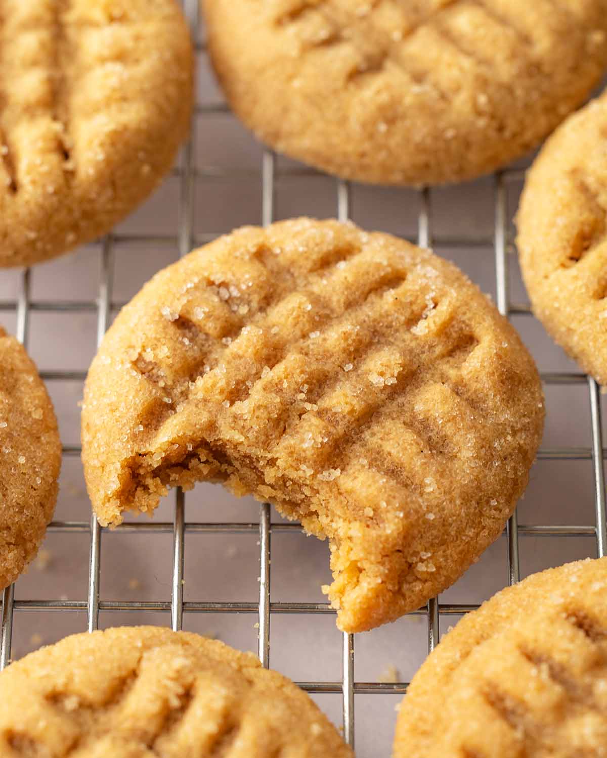 Close up of peanut butter cookie with bite taken out showing soft chewy interior.