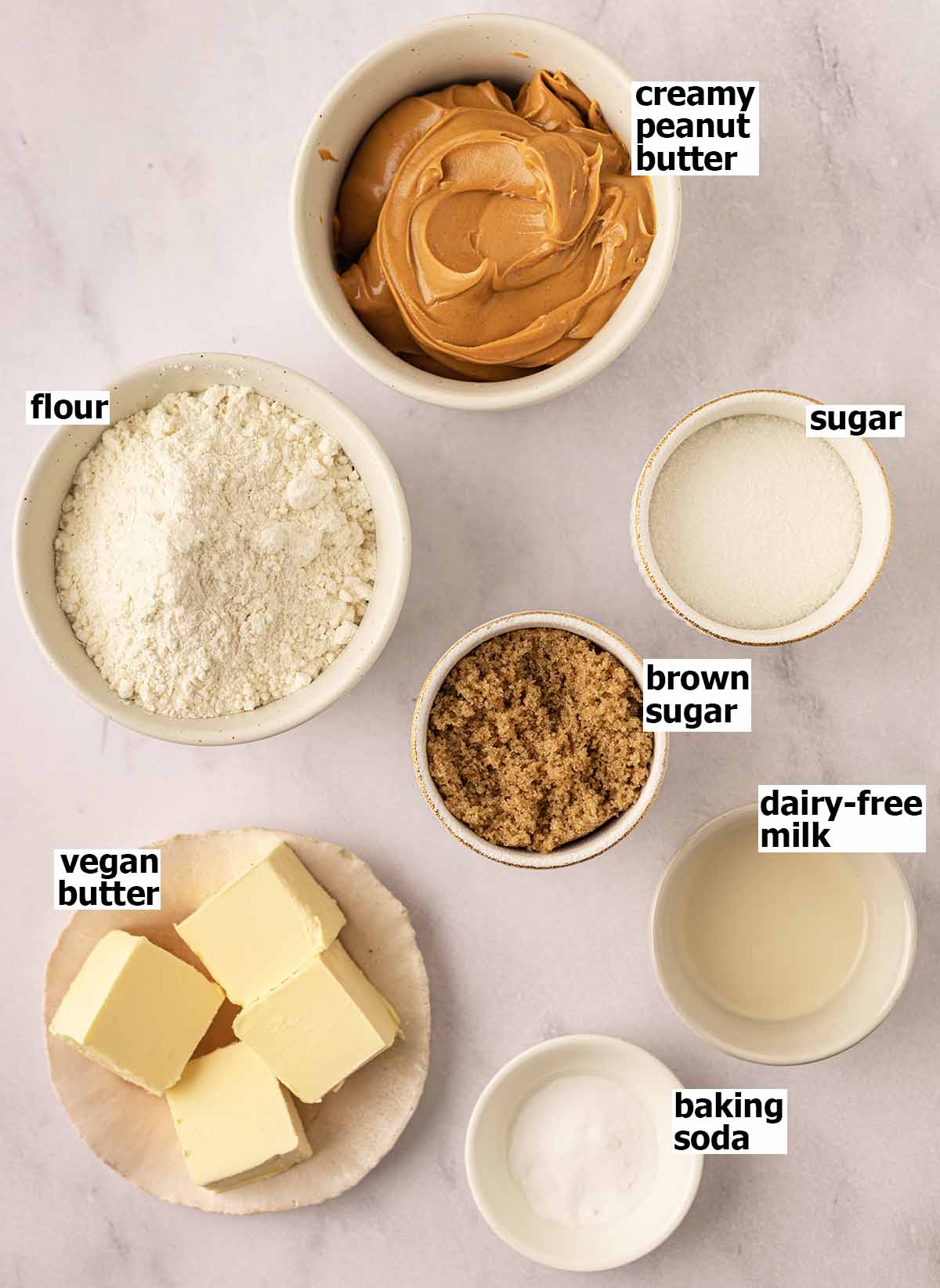 Flat-lay of ingredients for the vegan peanut butter cookies.