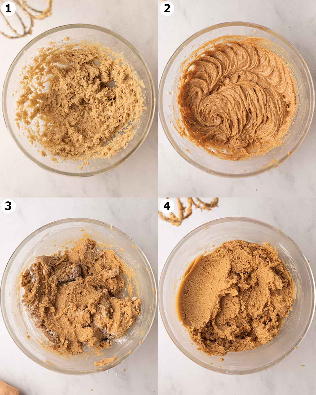 Four image collage showing how to make the dough for the peanut butter cookies.