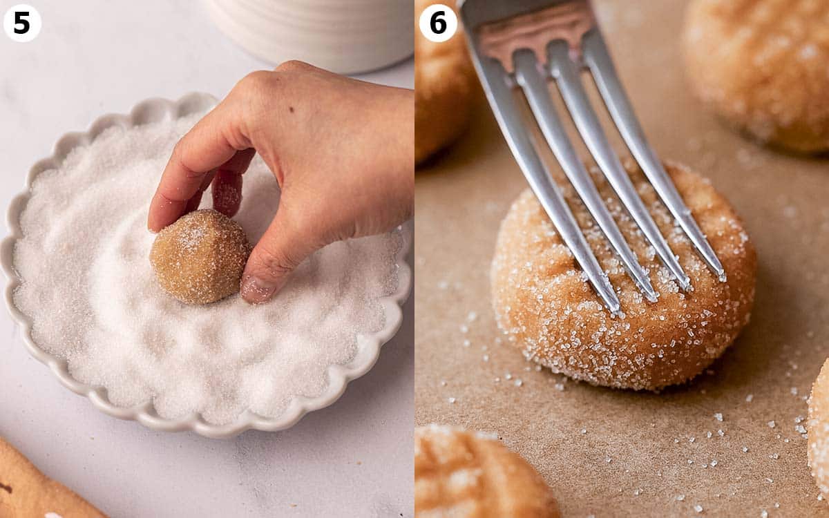 Two image collage showing a cookie dough ball tossed in sugar and a fork making a criss-cross pattern on cookie dough ball.