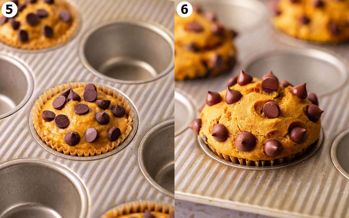 Two image collage showing before and after the muffins are baked. The muffins are spaced apart in every other cavity in the pan.