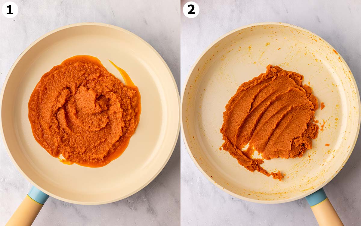 Two image collage of large saucepan with pumpkin puree, before and after reducing.