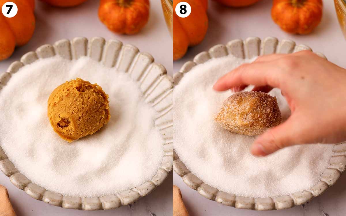 Two image collage of cookie dough ball dropped into bowl of granulated sugar and being tossed in the sugar.