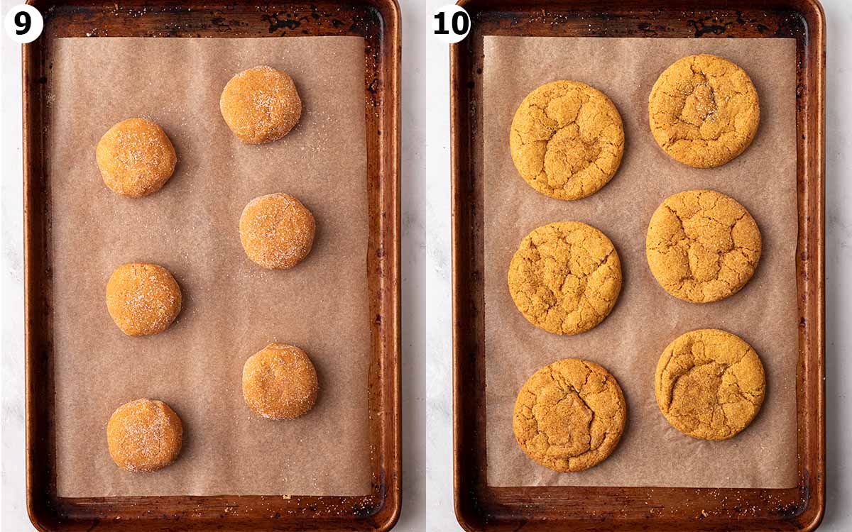 Two image collage of baking tray, showing before and after cookies have been baked.