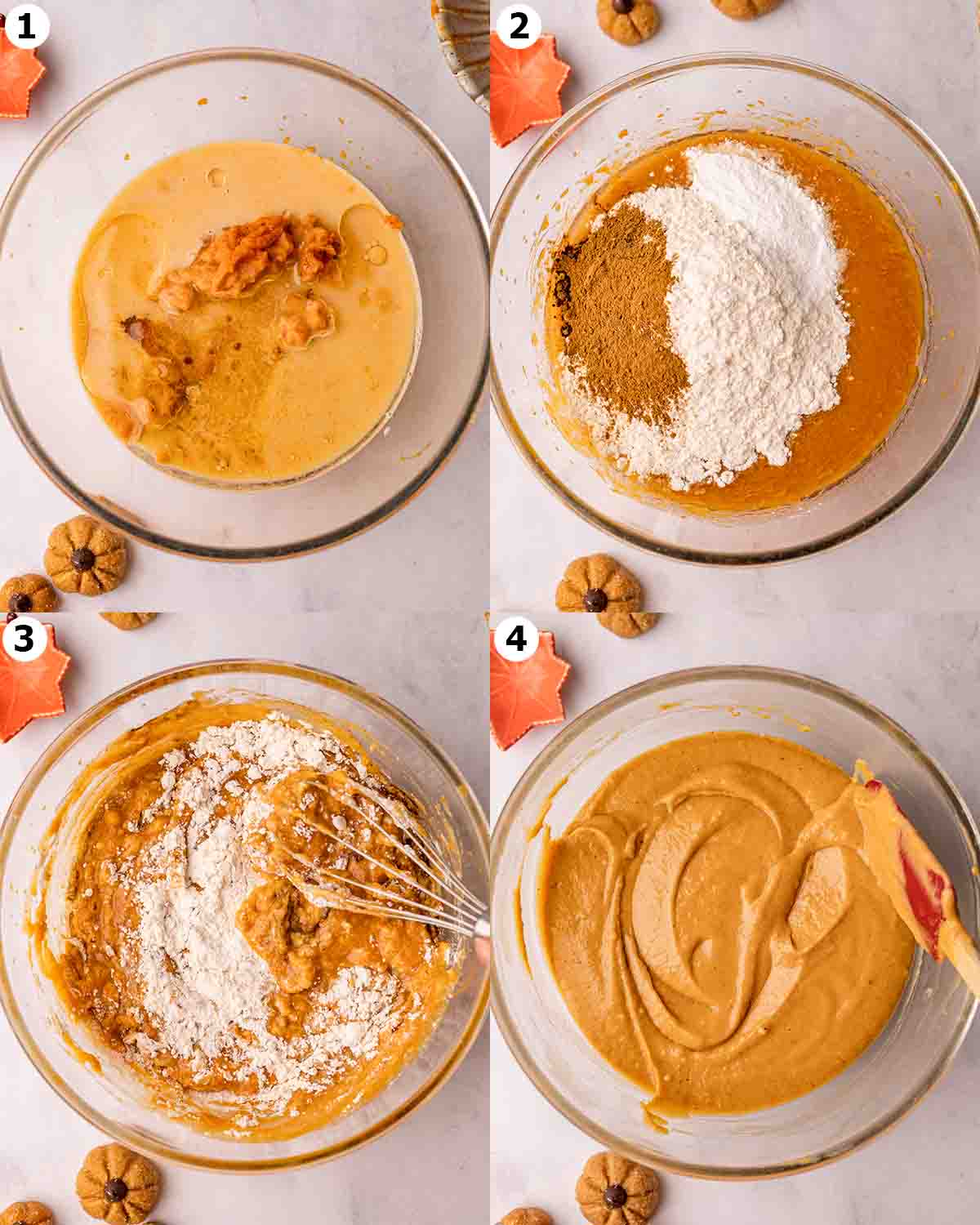 Four image collage showing steps for making the batter for the pumpkin cupcakes.