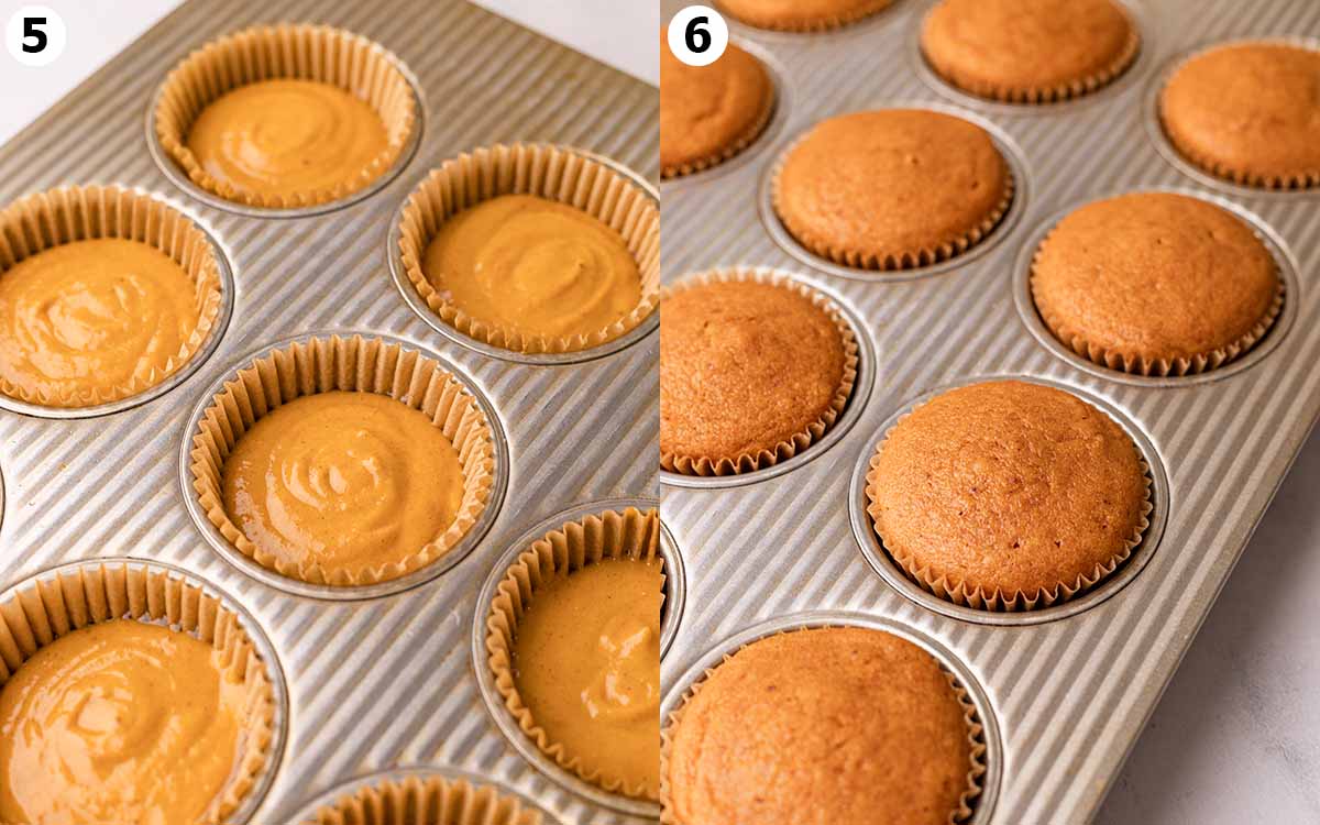 Two image collage of muffin tray, with pumpkin muffins before and after baking.