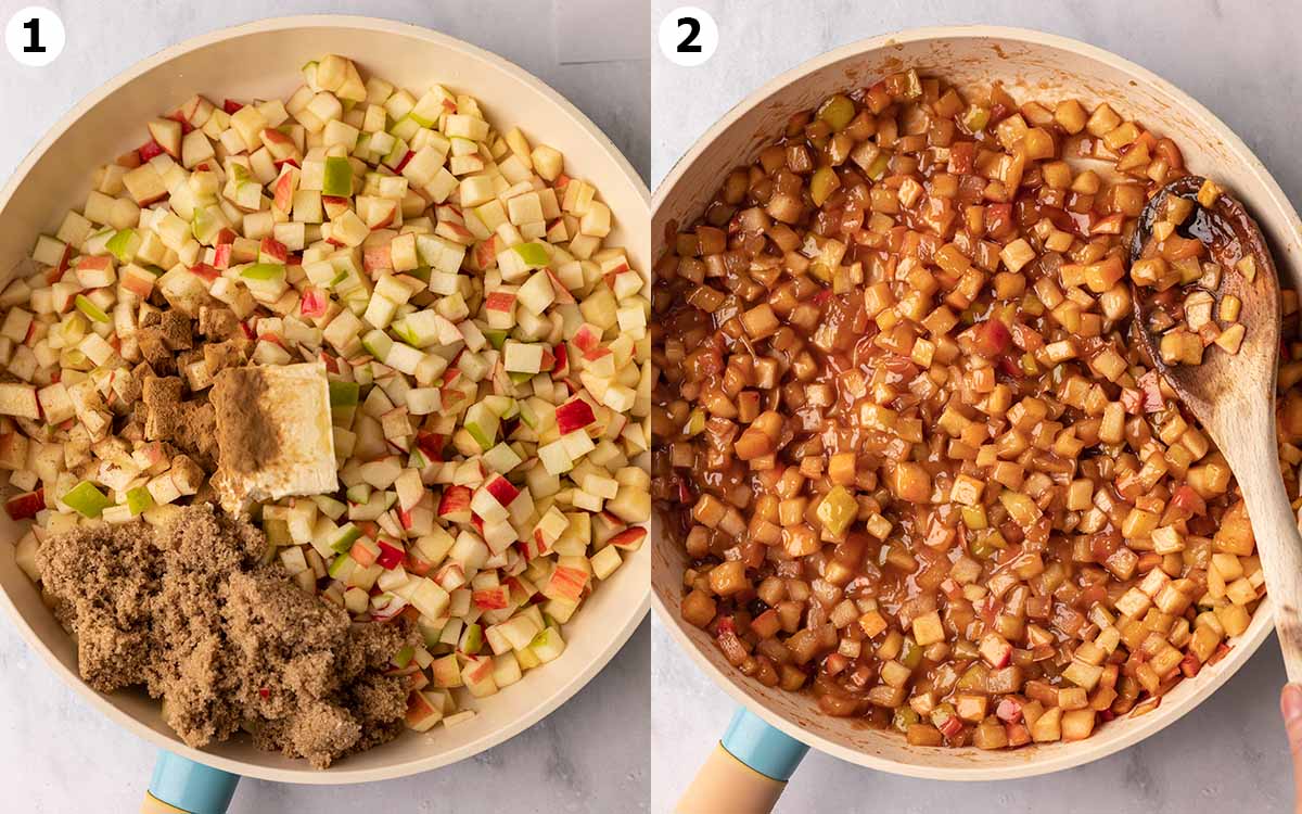 Two image collage of saucepan with ingredients for apple pie filling and final cooked filling.