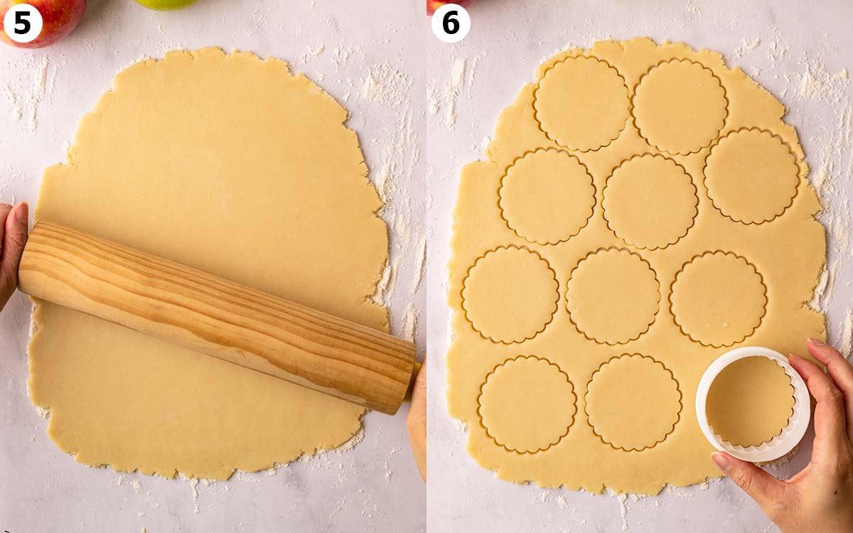 Two image collage of dough rolled out on floured surface and dough with rounds cut out with fluted cookie cutter.
