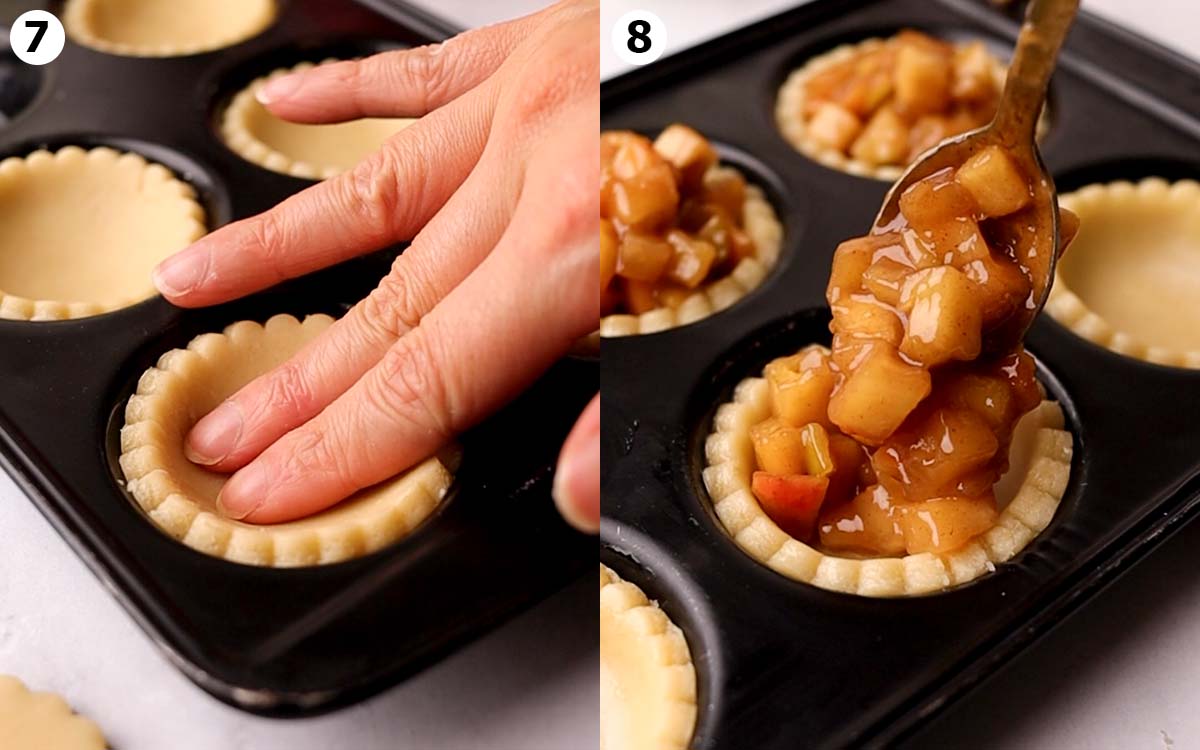 Two image collage of tart pan with a pastry circle pressed into one of the cavities and apple pie filling spooned into one of the shaped tarts.