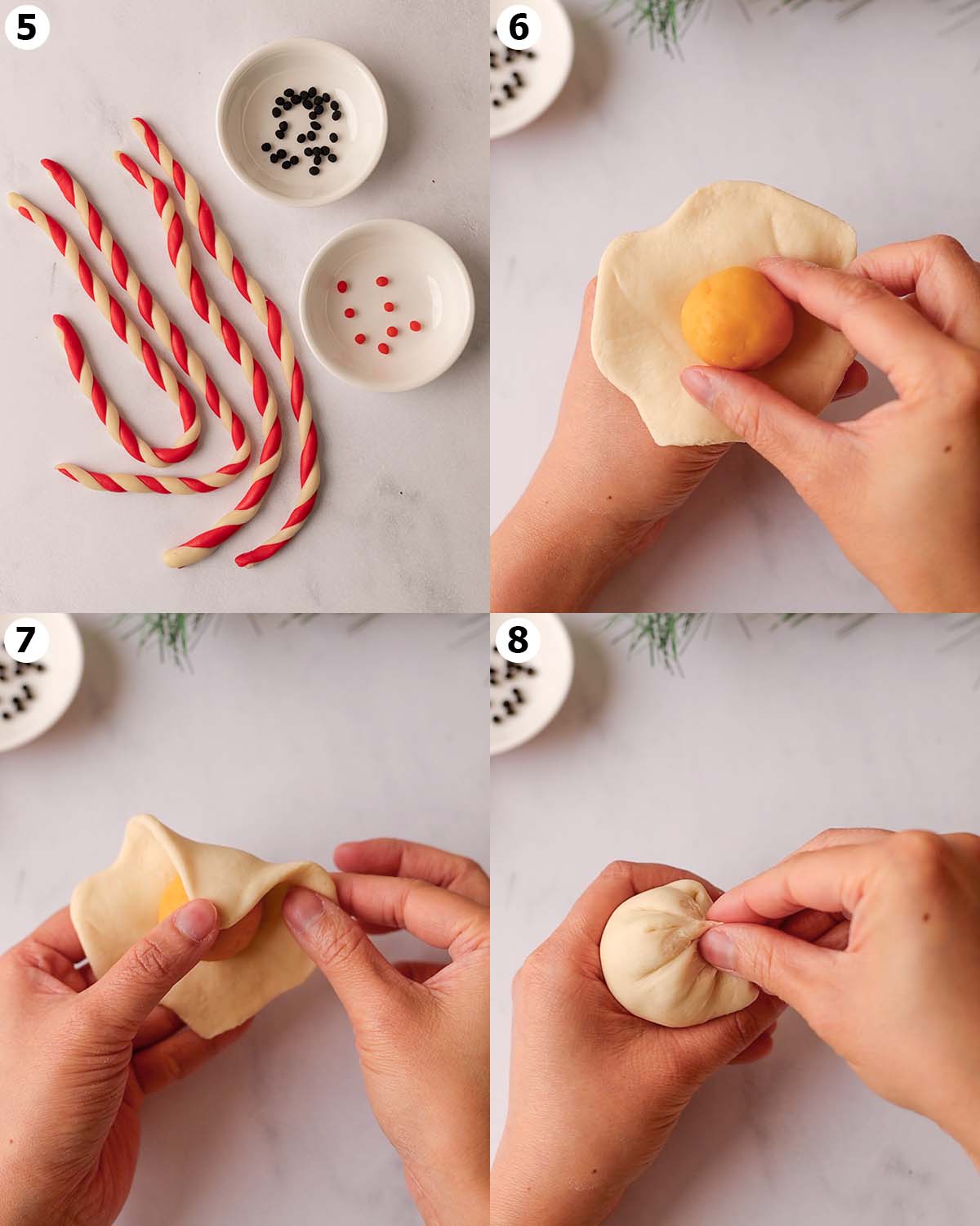 Four image collage of decorations for the snowmen buns and how to wrap the custard filling with the dough.