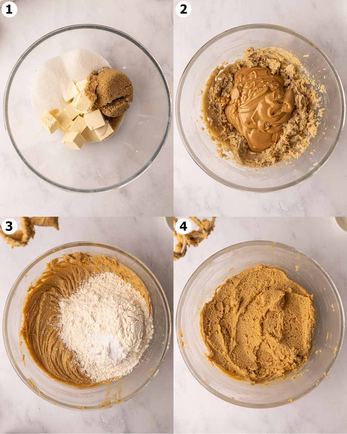Four image collage showing how to make the dough for the peanut butter cookies.