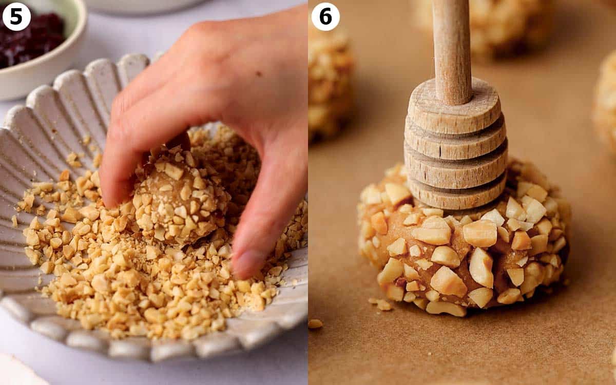 Two image collage of peanut butter ball tossed in crushed peanuts and wooden kitchen item making a thumbprint in cookie.