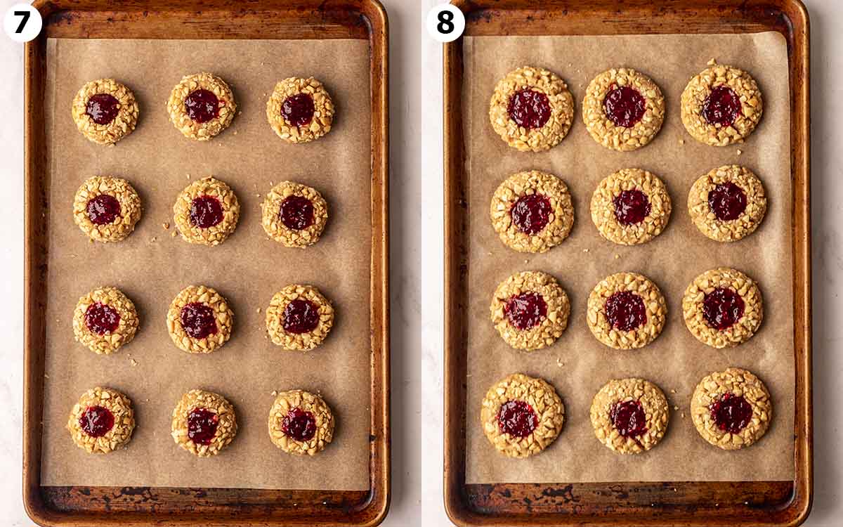 Two image collage of peanut butter thumbprint cookies on baking tray, before and after baking.