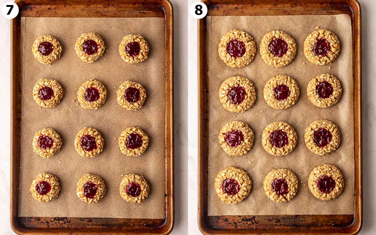 Two image collage of peanut butter thumbprint cookies on baking tray, before and after baking.