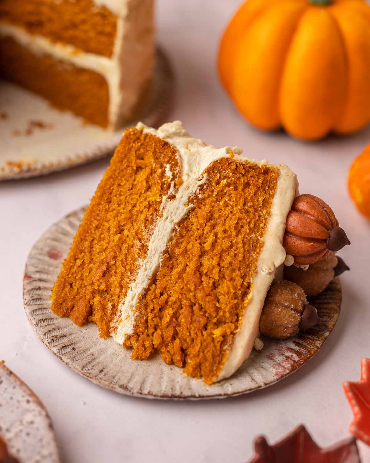 Close up of one slice of pumpkin cake.