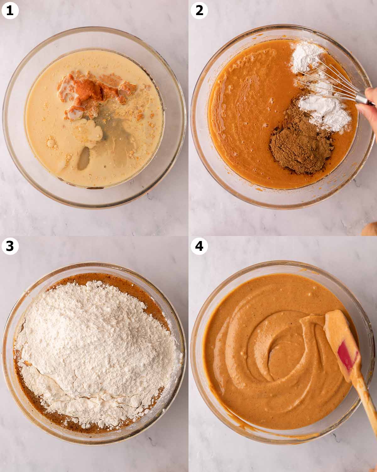Four image collage showing the steps for making the cake batter for the recipe.