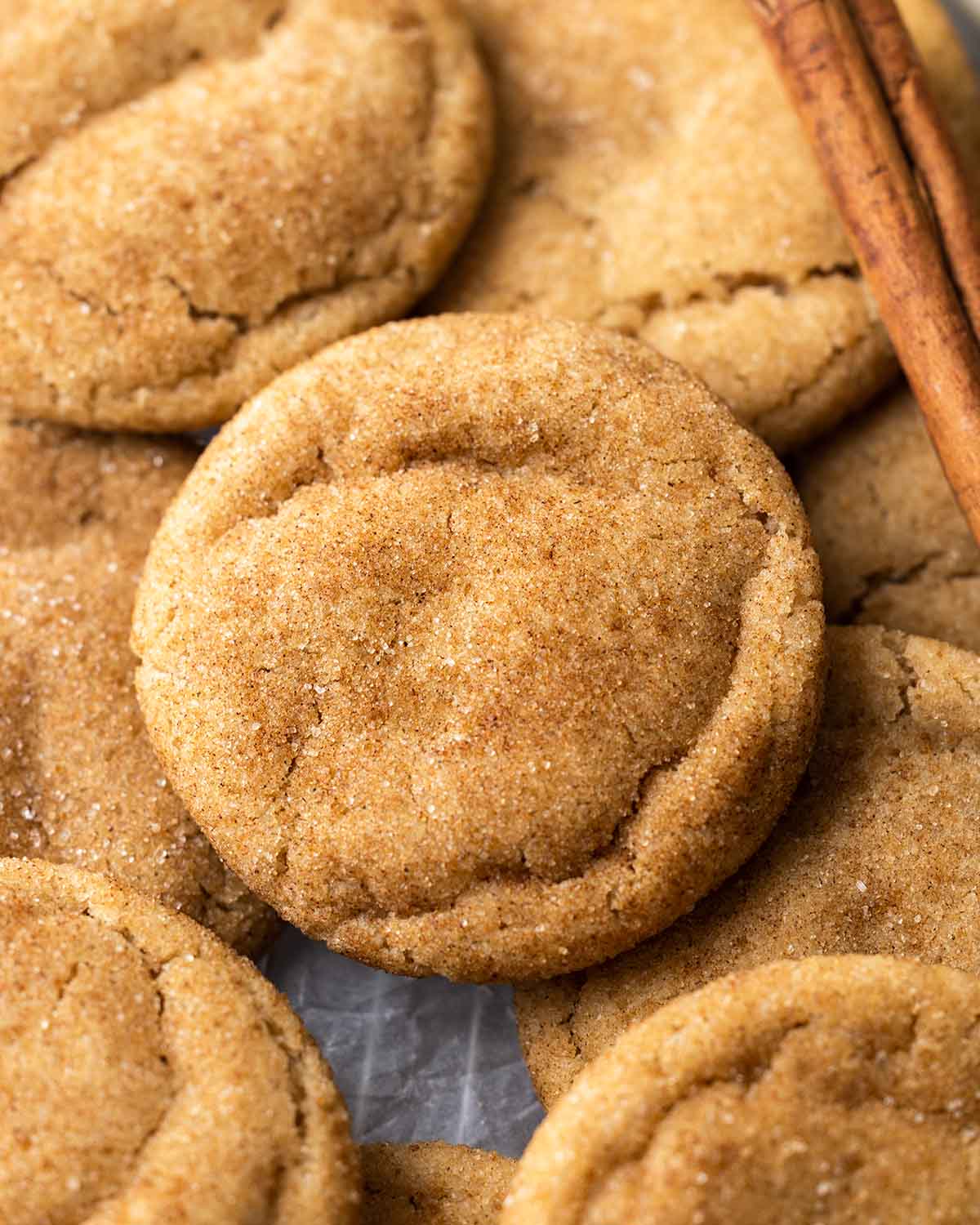 Close up of snickerdoodle cookie layered on top of more cookies.