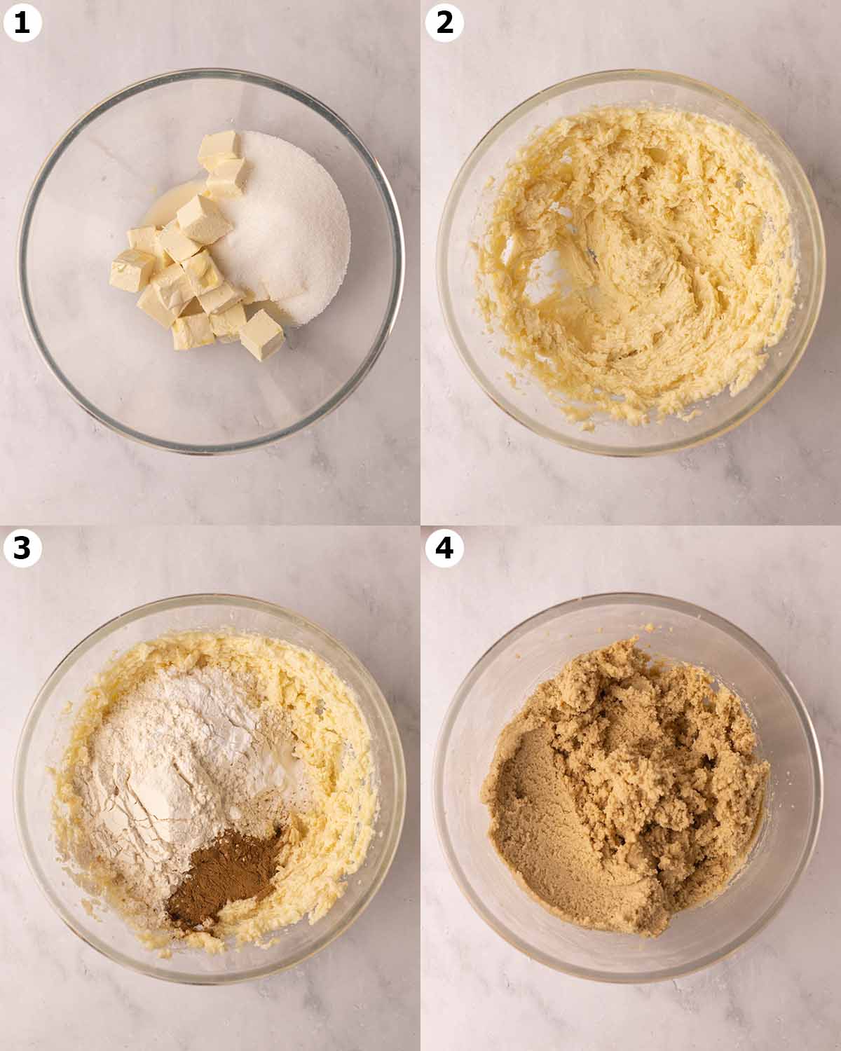 Four image collage showing steps for making the cookie dough in one large bowl.