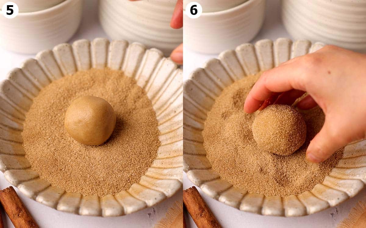 Two image collage of bowl with cinnamon sugar with a ball of cookie dough rolled in the mixture.