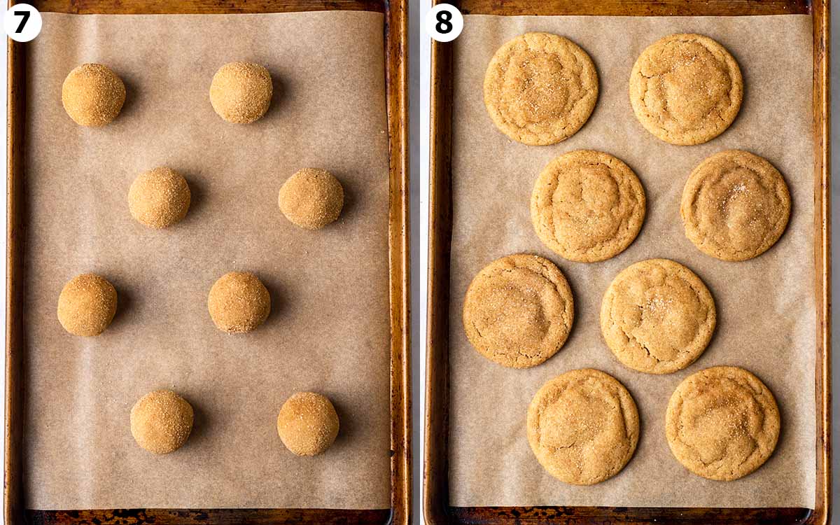 Two image collage of baking tray with unbaked cookie dough balls and final baked cookies.