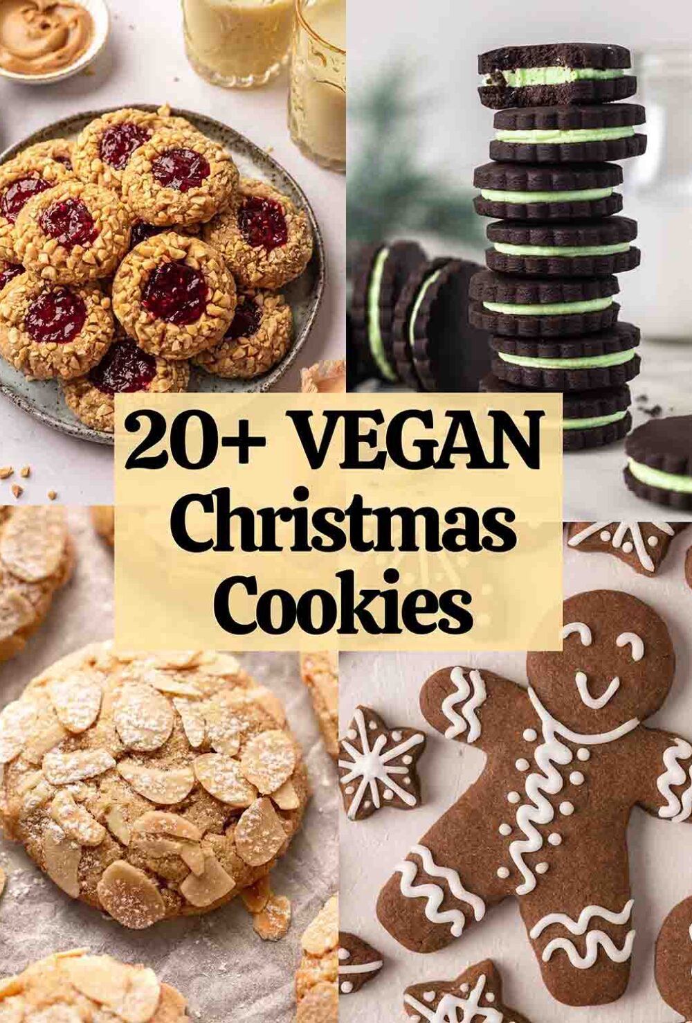 Collage of christmas cookies with text overlay that says '20+ vegan Christmas cookies'.