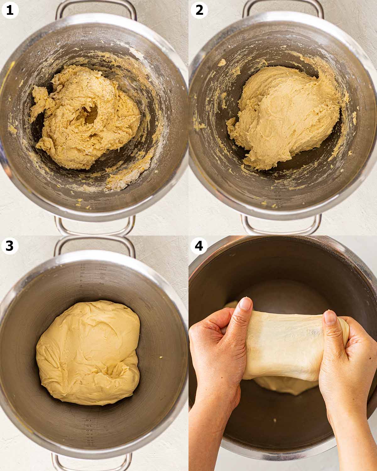Four image collage of the brioche dough showing the different stages of the dough during kneading. Final image shows the dough with the windowpane test.