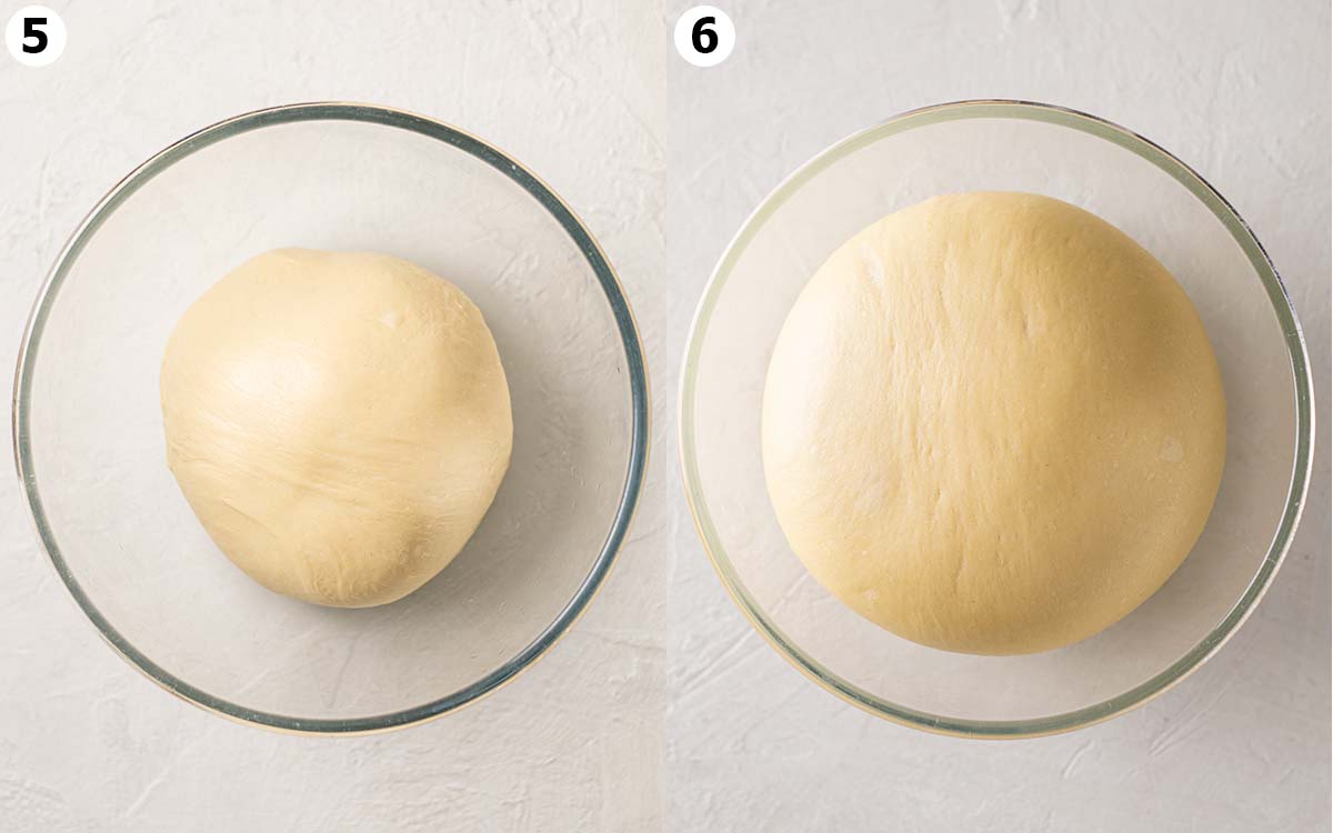Two image collage of brioche dough in large bowl, before and after the first rise.