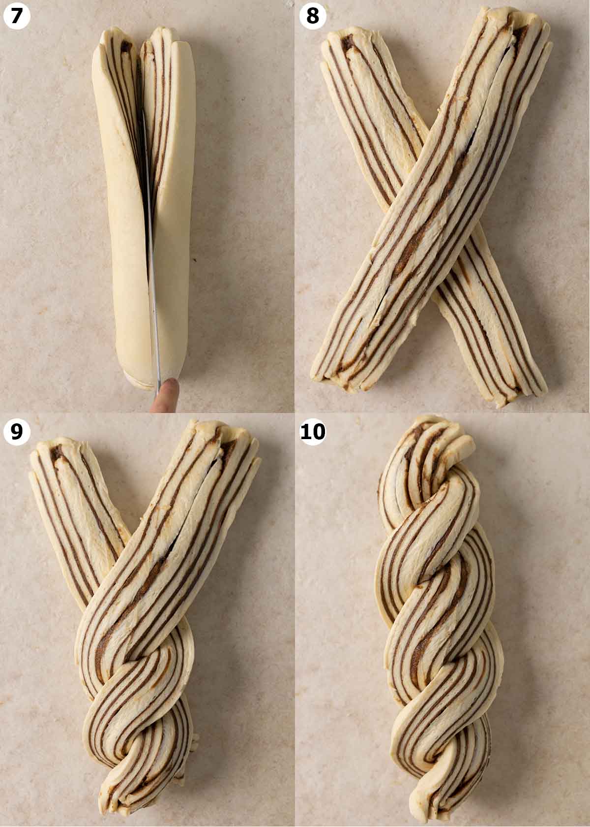 Four image collage showing how to cut, twist and assemble the babka.
