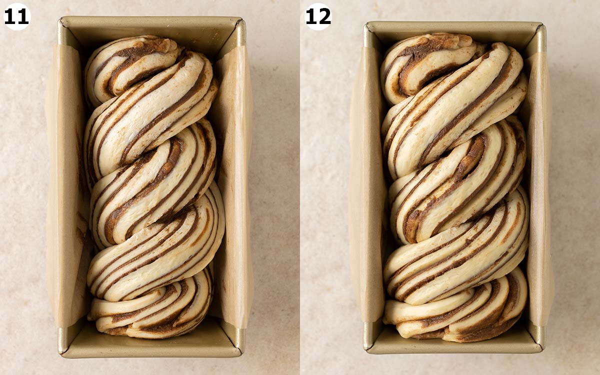 Two image collage showing before and after first rise for babka in loaf pan.