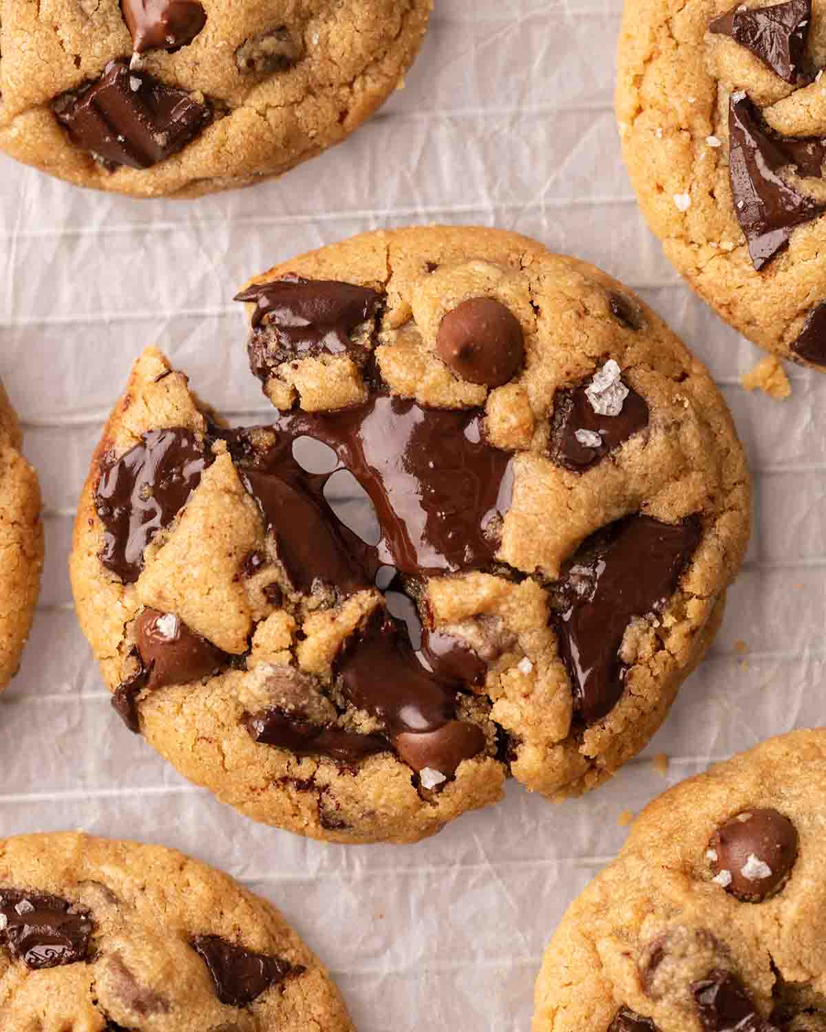 Close up of peanut butter cookie. The cookie is broken in half showing gooey pools of chocolate.