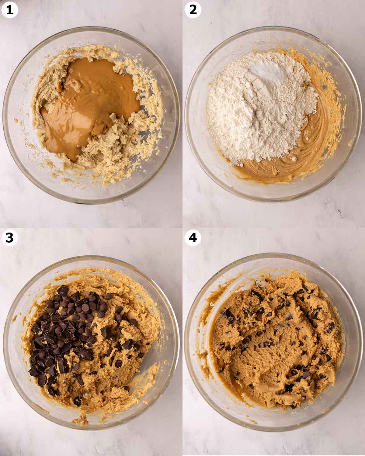 Four image collage showing the steps for preparing the cookie dough.