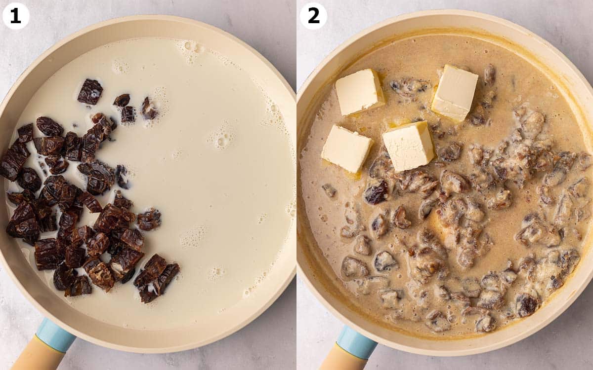 Two image collage of saucepan with dairy-free milk and dates, before and after cooking. Cooked mixture has cubes of butter sitting on top.