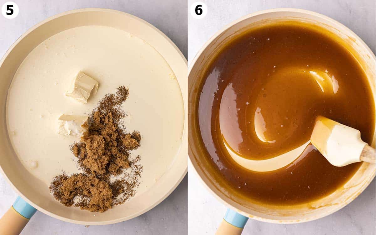 Two image collage of saucepan, with unmixed ingredients for the toffee sauce and the final golden brown sauce.