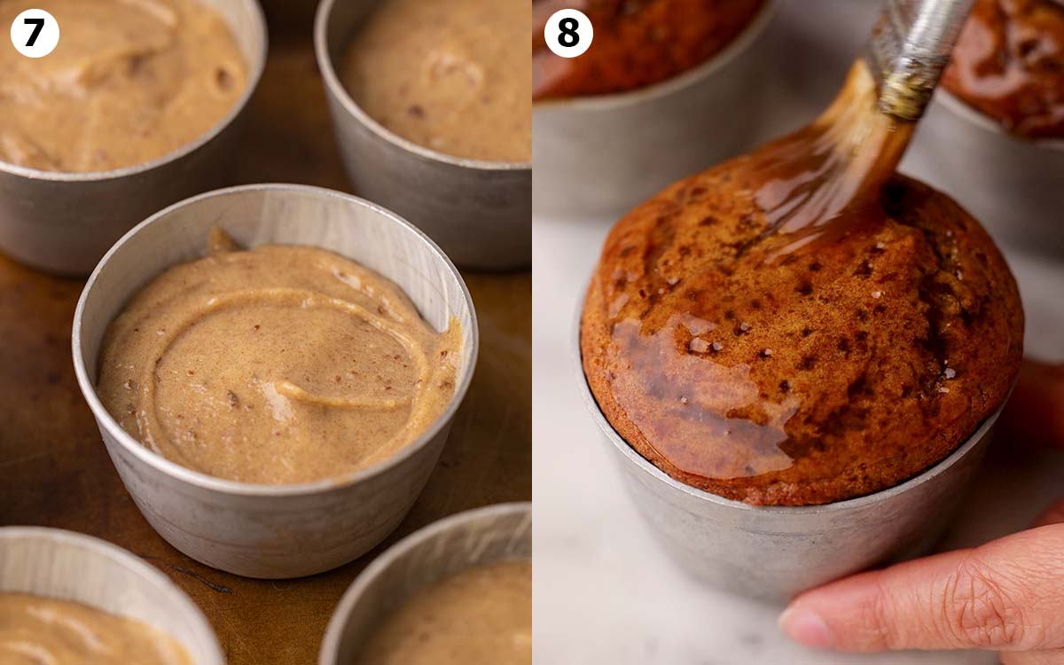 Two image collage of pudding mold with unbaked batter and baked pudding with holes poked in surface with a coating of toffee sauce.