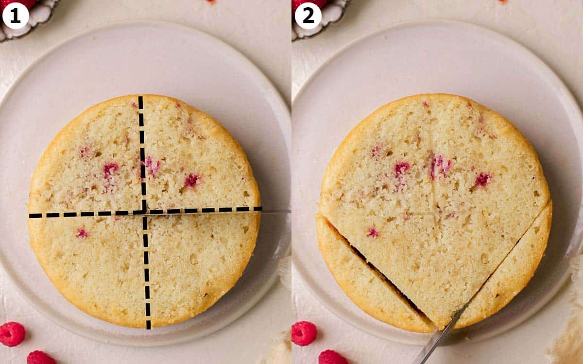 Two image collage of cake. Image 1 shows cake with dotted black lines dividing the cake into quarters. Image 2 shows knife cutting segments off cake.