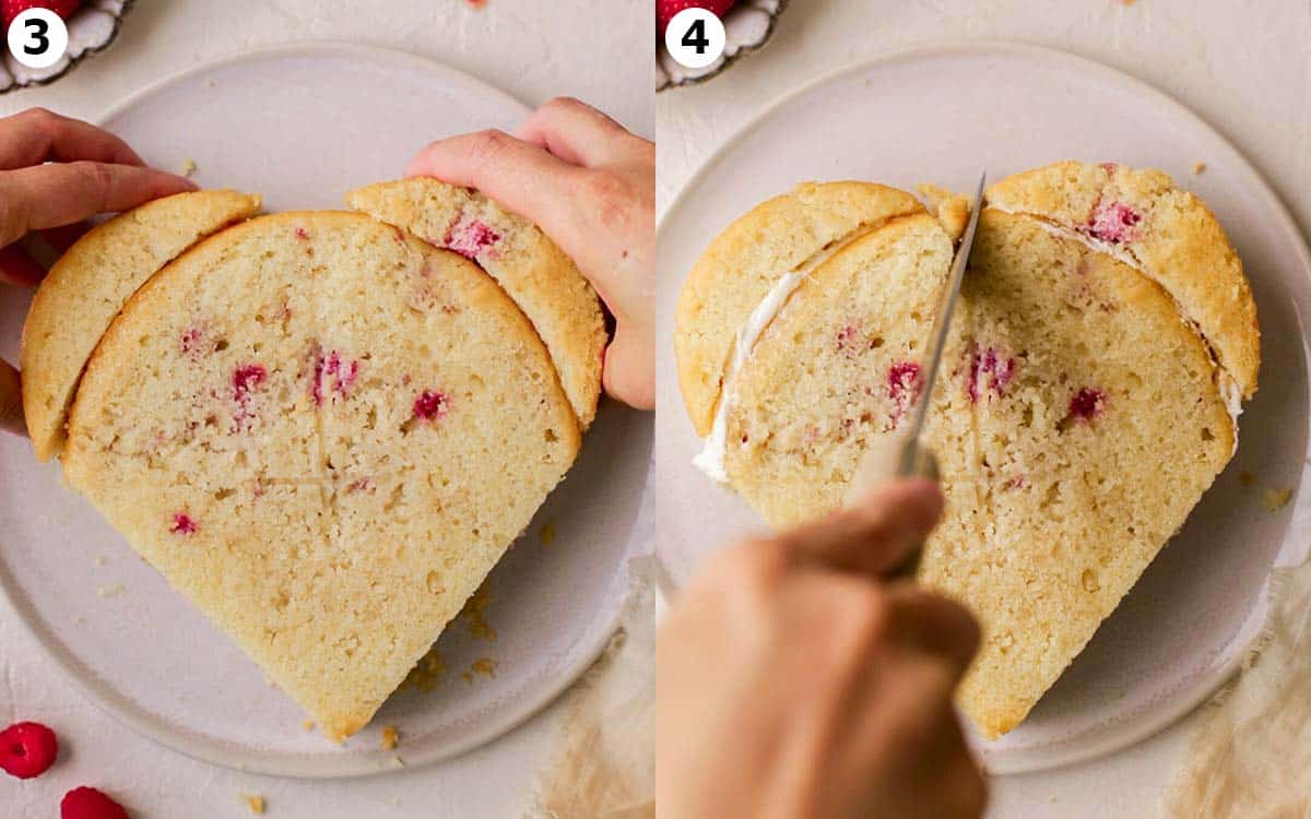 Two image collage. One image shows cake segments pressed on top of a cake to make a rough heart shape. Second image shows knife trimming top of the cake.