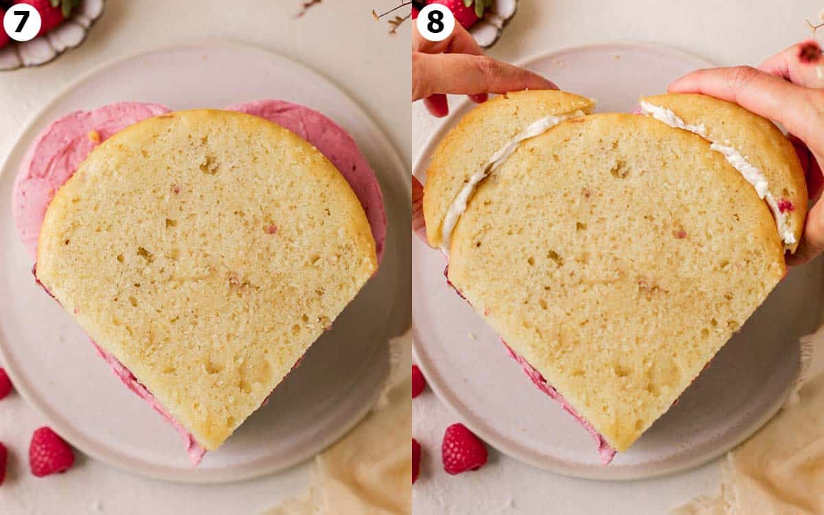 Two image collage showing second layer of cake and with segments pressed into the top making it into a heart shape.